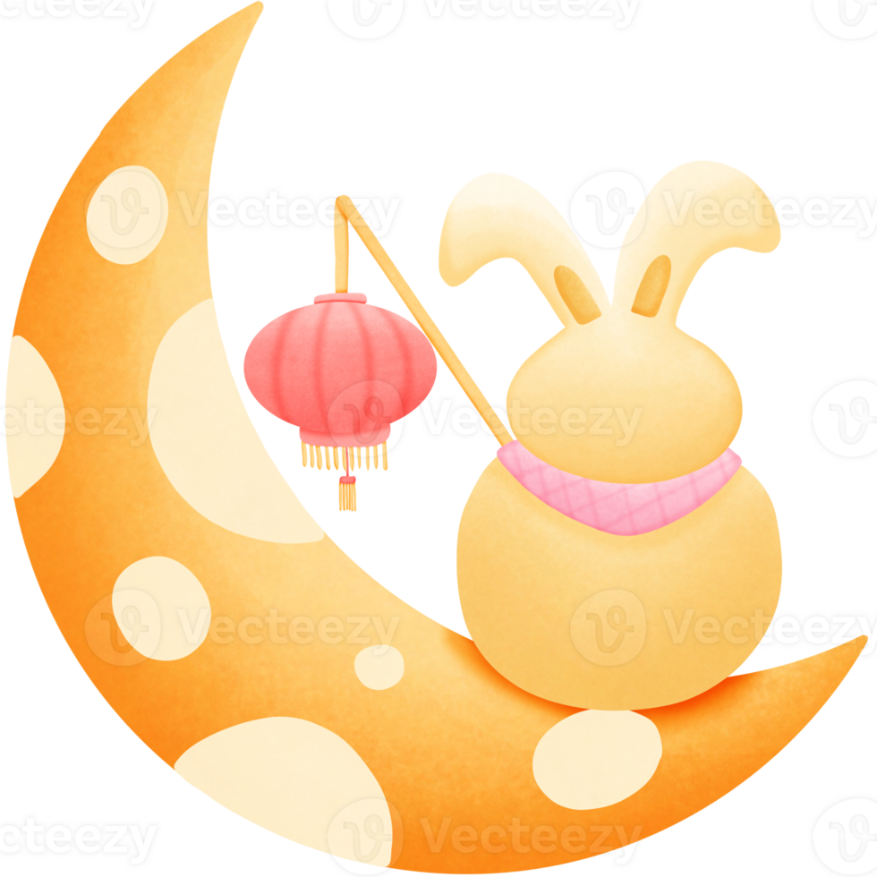 a cartoon rabbit holding lantern and sitting on the moon isolated on transparent background png