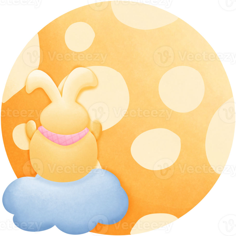 a cartoon rabbit sitting on a cloud with a moon behind it isolated on transparent background png