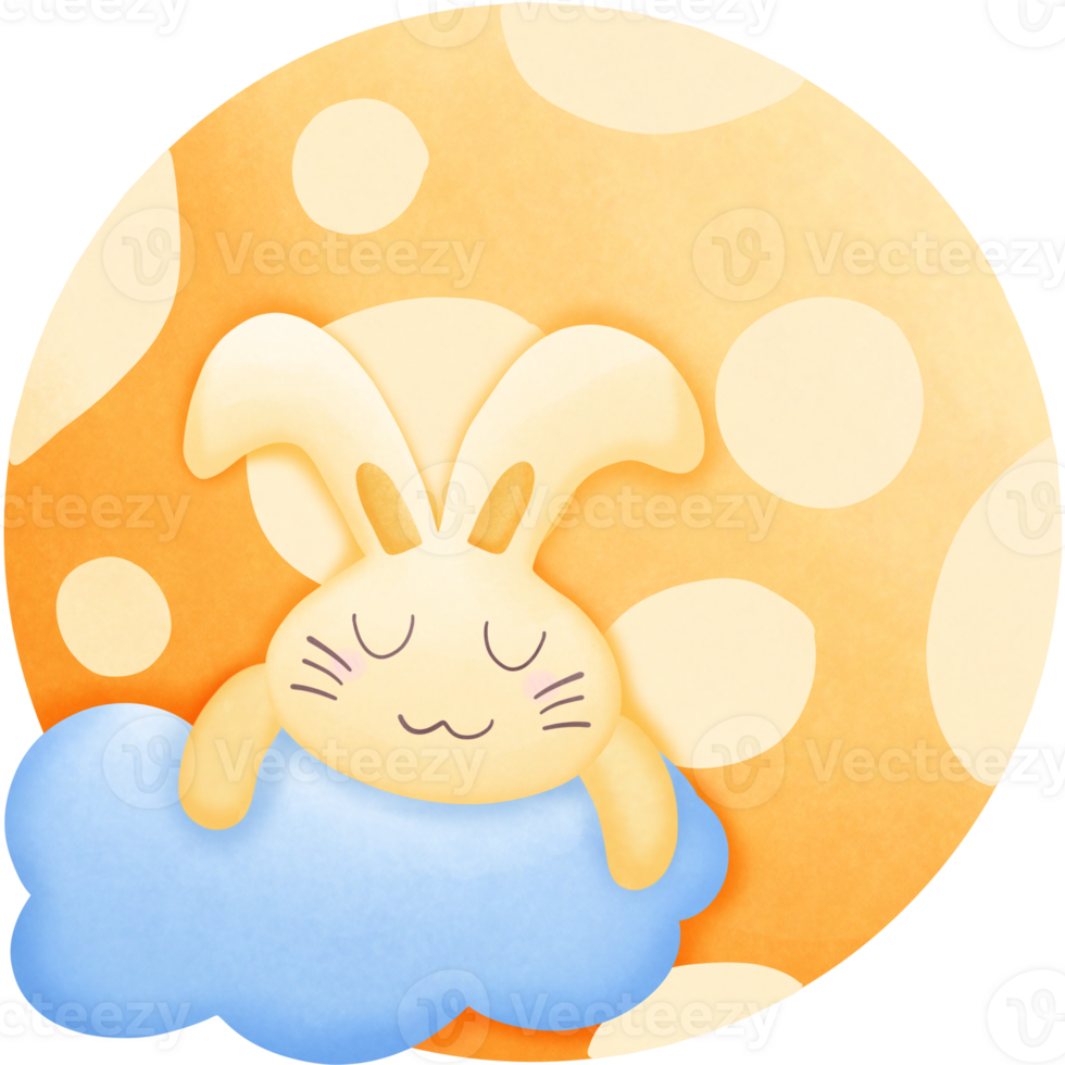 a cartoon rabbit sleeping on a cloud with a moon behind it isolated on transparent background png