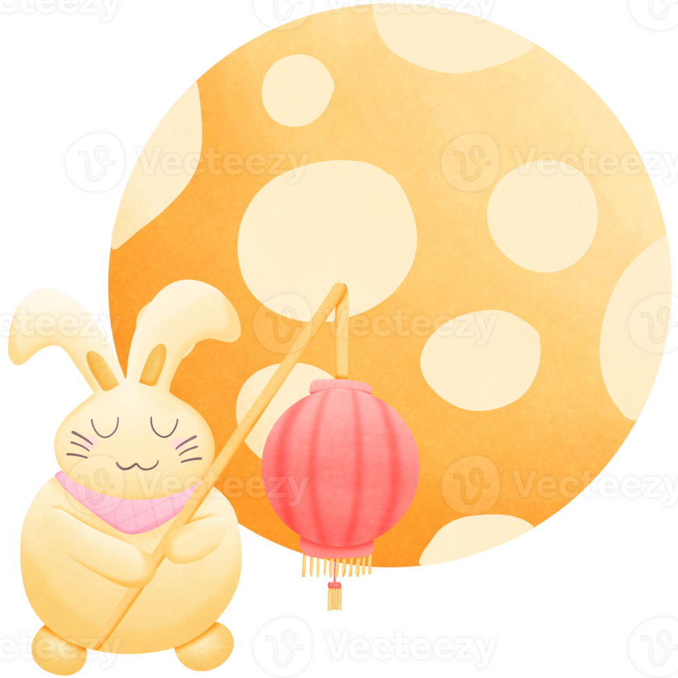 a cartoon rabbit holding a lantern with a moon behind it isolated on transparent background png