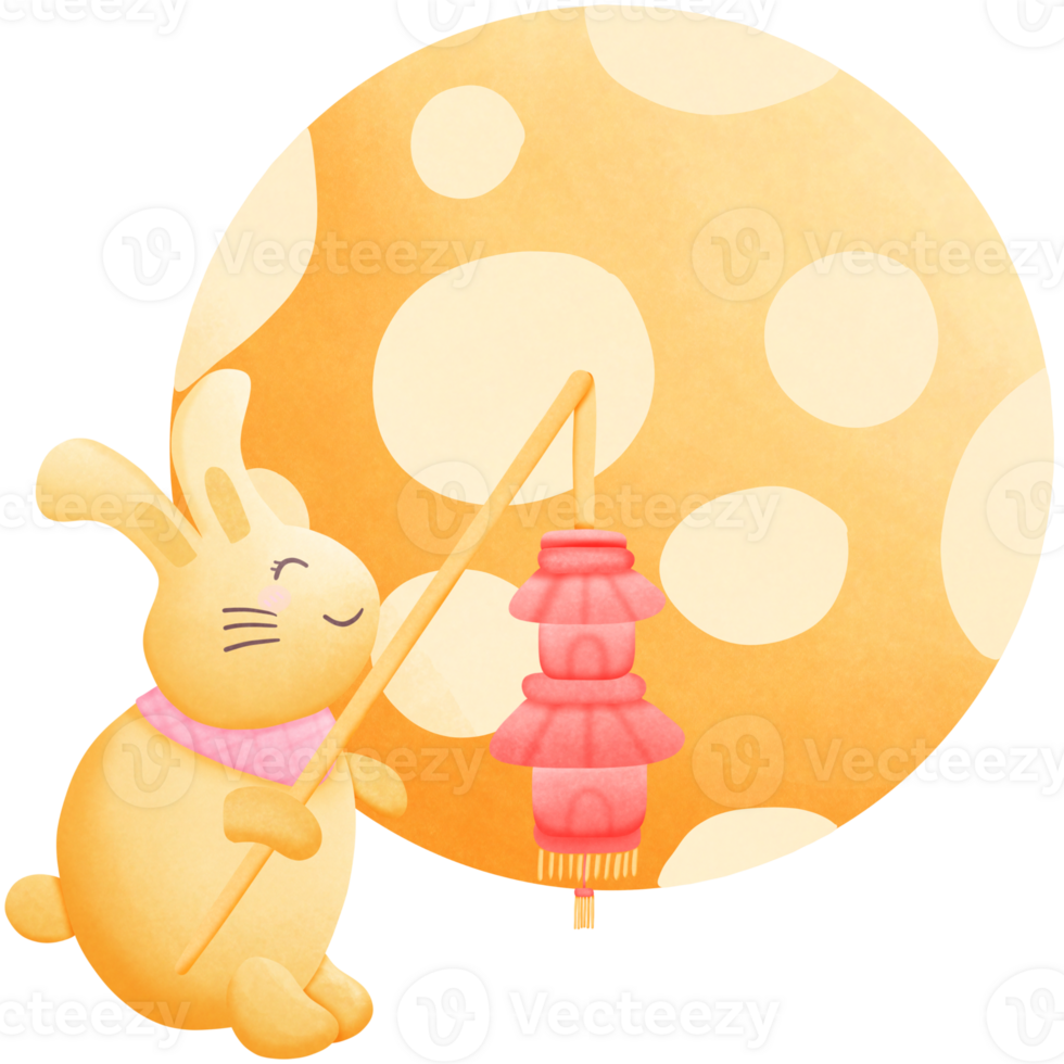 a cartoon rabbit holding a lantern with a moon behind it isolated on transparent background png