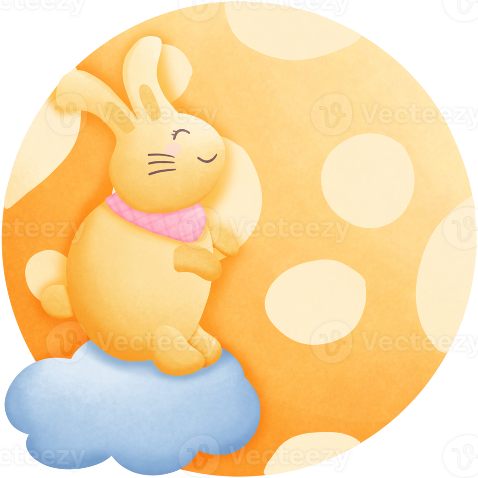 a cartoon rabbit sitting on a cloud with a moon behind it isolated on transparent background png