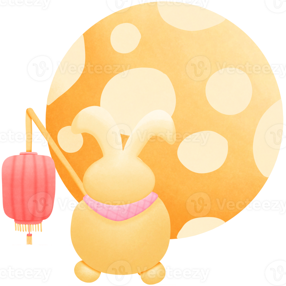 a cartoon rabbit holding a lantern with a moon behind it isolated on transparent background png