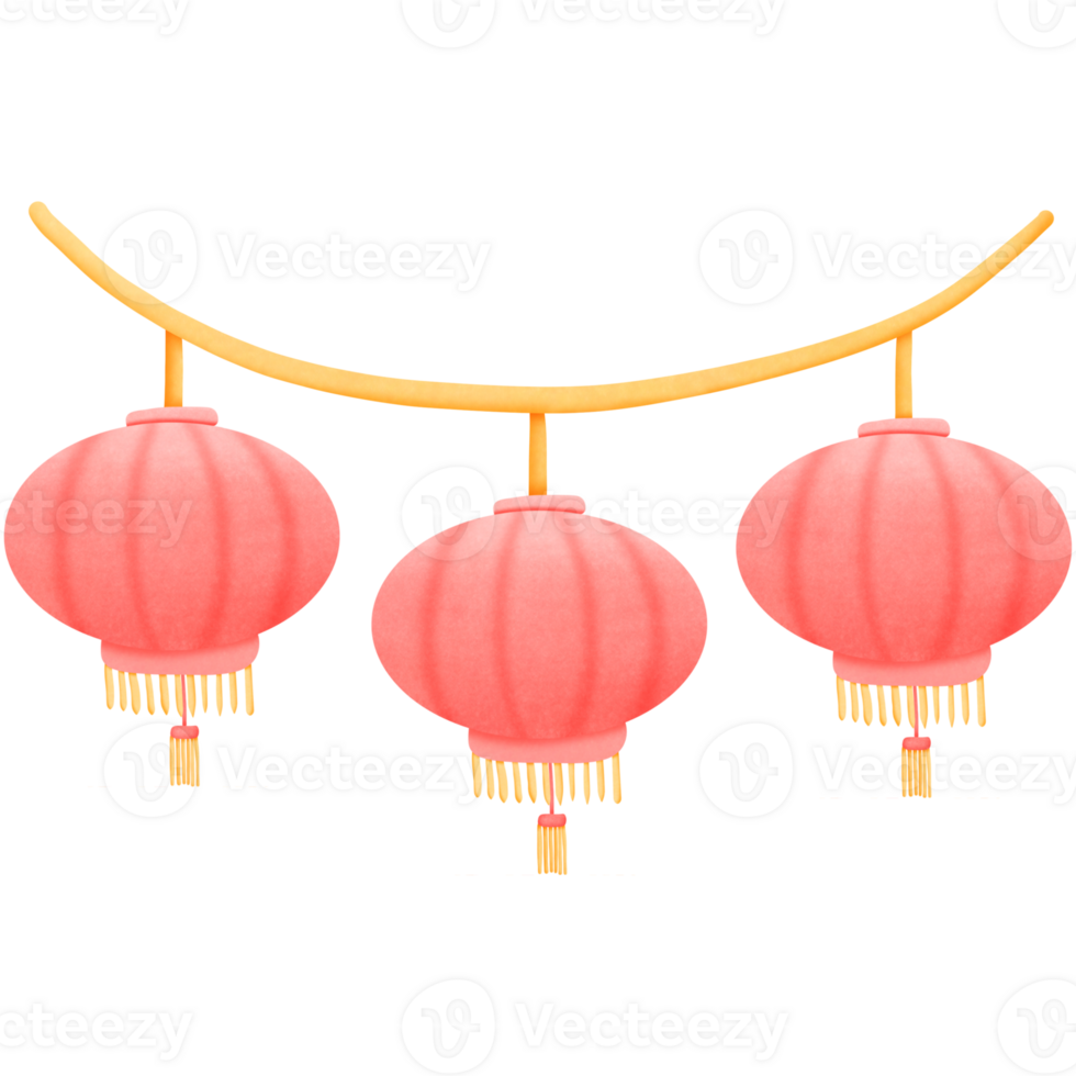 three red Chinese lanterns hanging on a string isolated on transparent background png