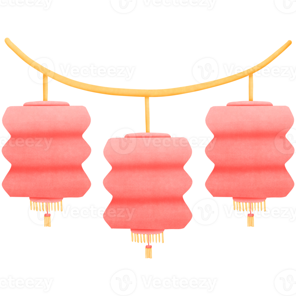 three red Chinese lanterns hanging on a string isolated on transparent background png