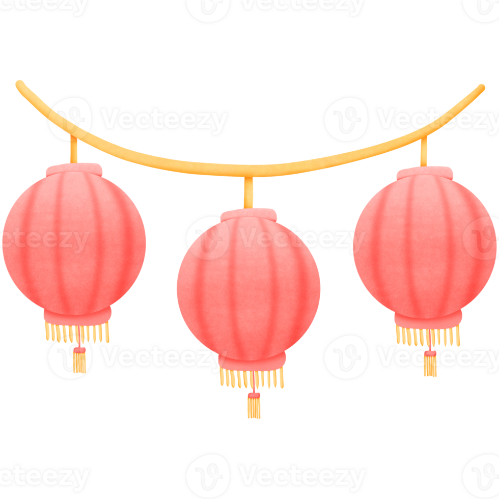 three red Chinese lanterns hanging on a string isolated on transparent background png