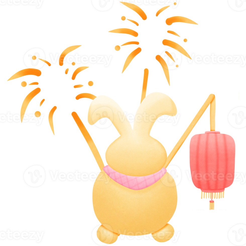 Chinese new year cartoon rabbit with fireworks isolated on transparent background png