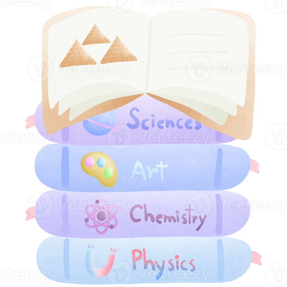 a stack of colorful books with the science art chemistry and physics with open history book on it isolated on transparent background png