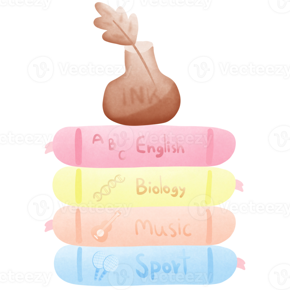 a stack of colorful books with the english biology music and sport with ink and feather on top isolated on transparent background png