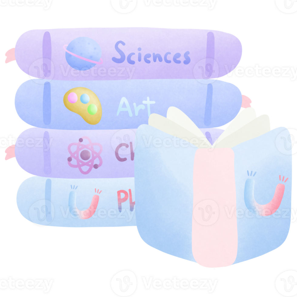 a stack of colorful books with the science art chemistry and physics with open physics book in front isolated on transparent background png