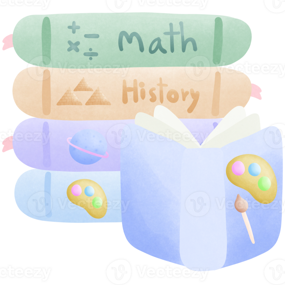 a stack of colorful books with the math history science and art with open art book in front isolated on transparent background png