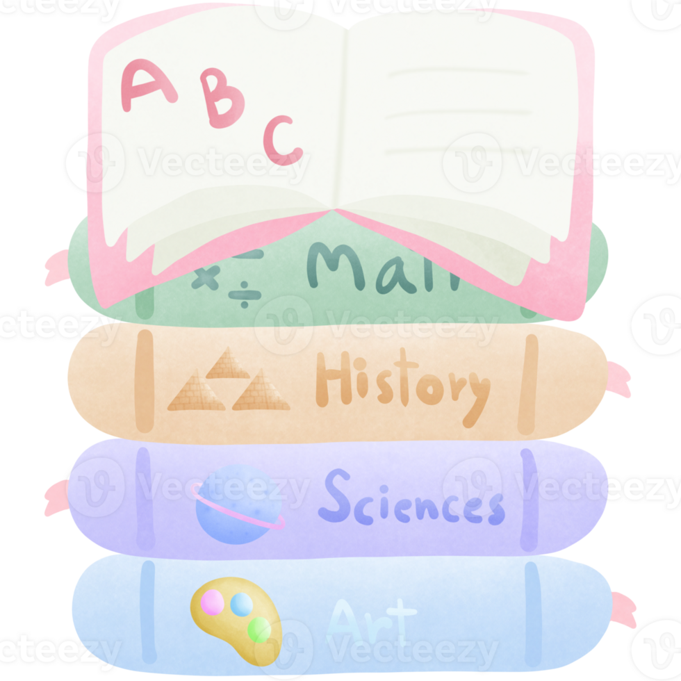 a stack of colorful books with the math history science and art with open english book on it isolated on transparent background png
