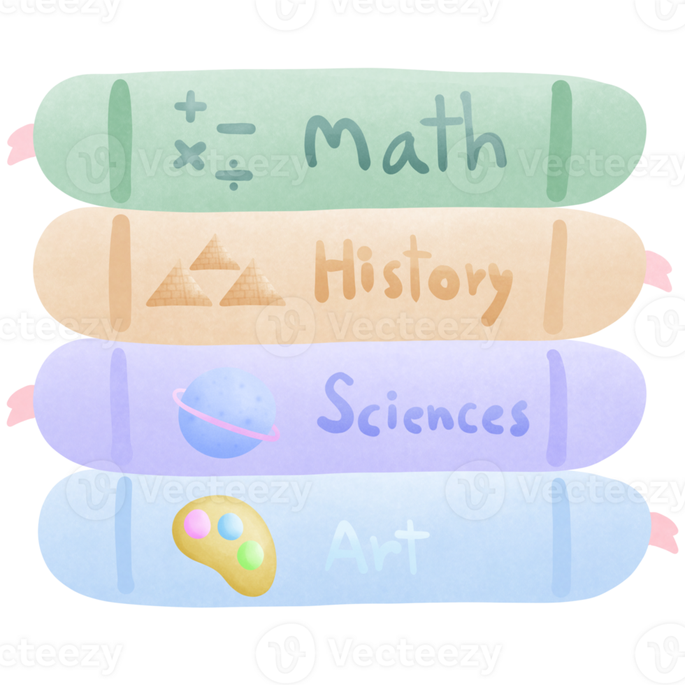 a stack of colorful books with the math history science and art isolated on transparent background png