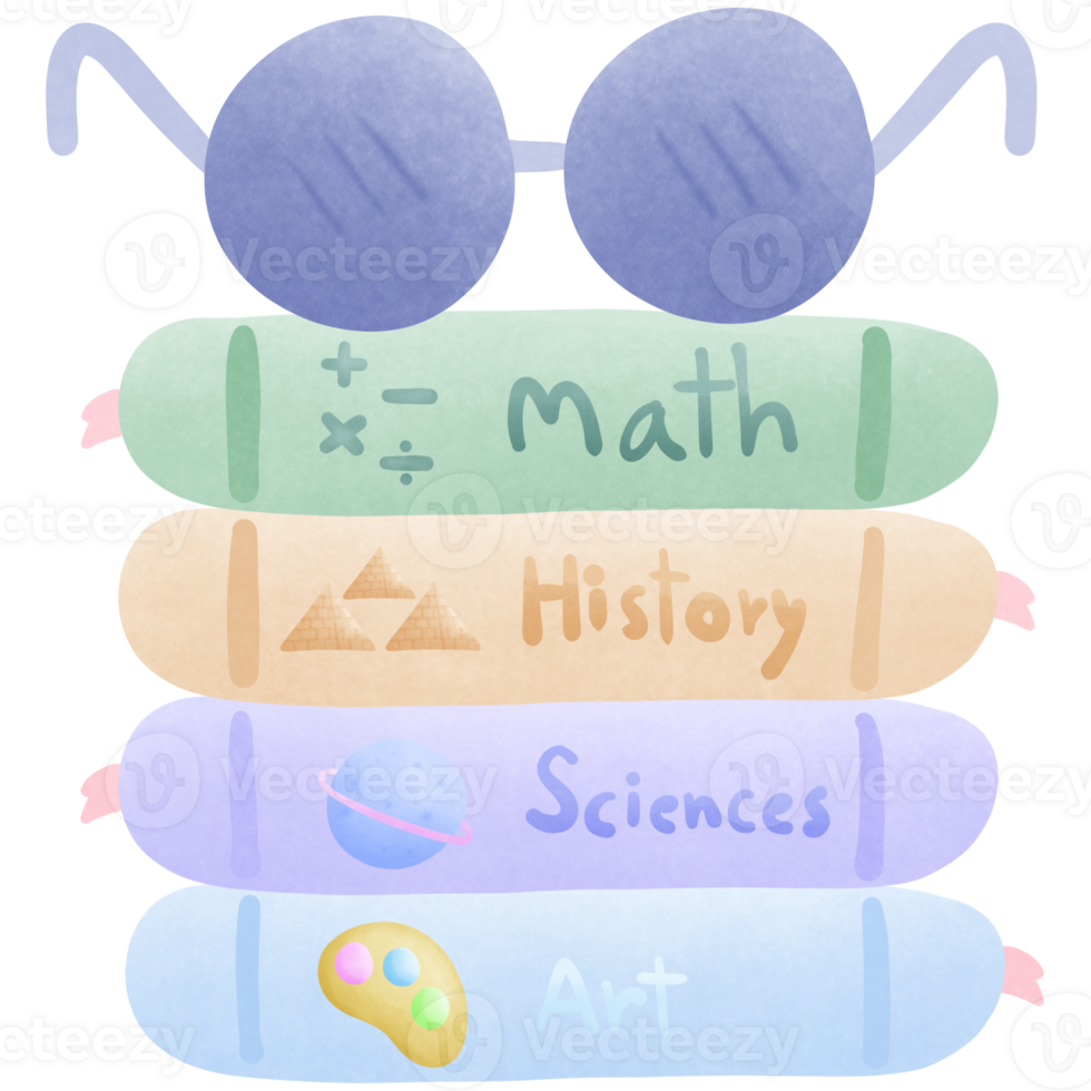 a stack of colorful books with the math history science and art with glasses on it isolated on transparent background png