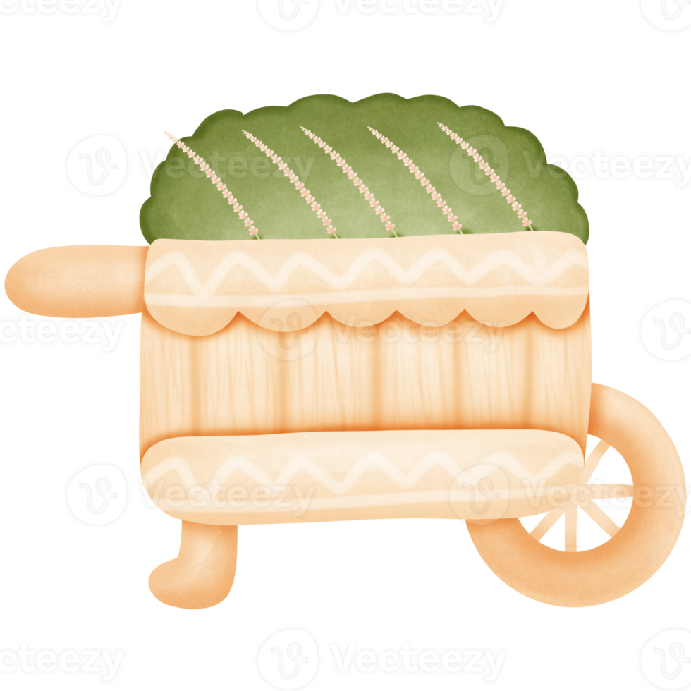 Wheel barrow planter wooden box with plant and flowers isolated on transparent background png