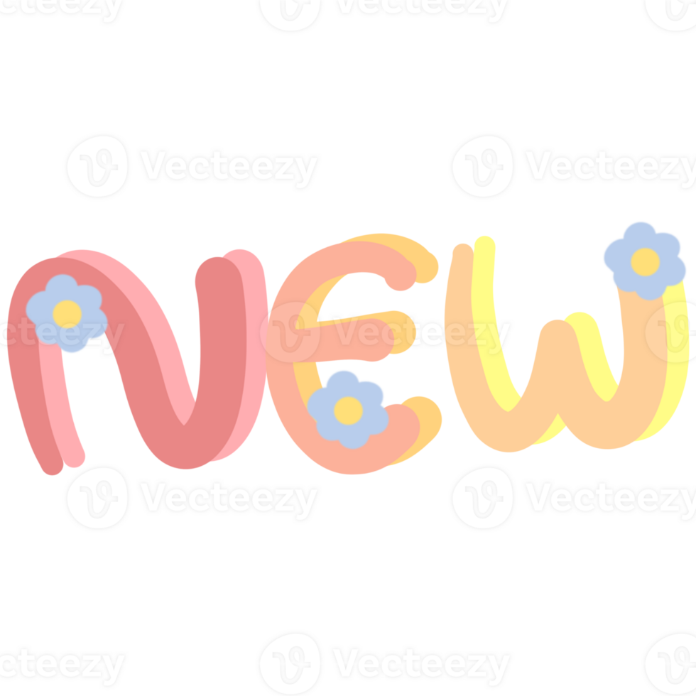 Colorful word NEW decorated with flowers isolated on transparent background png