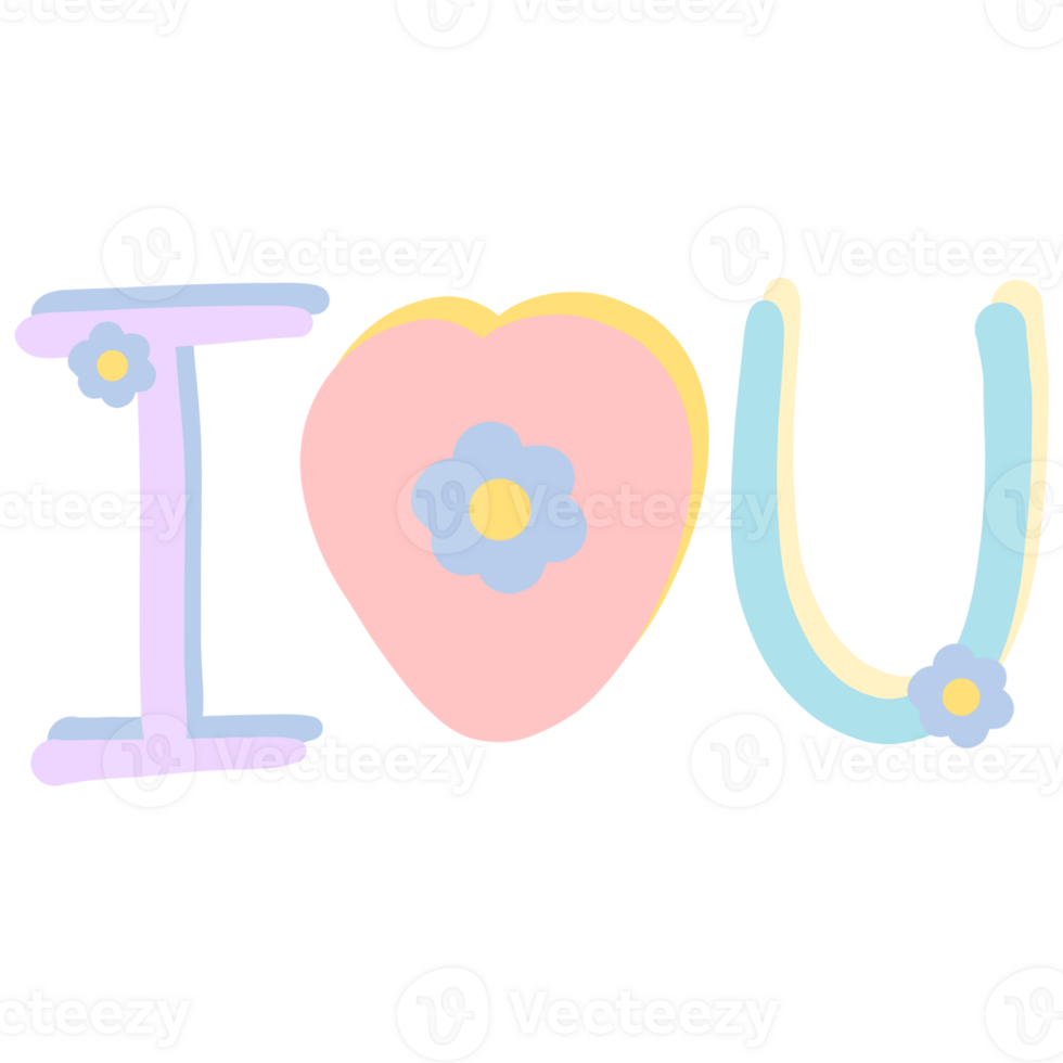 Colorful word I LOVE U decorated with flowers isolated on transparent background png