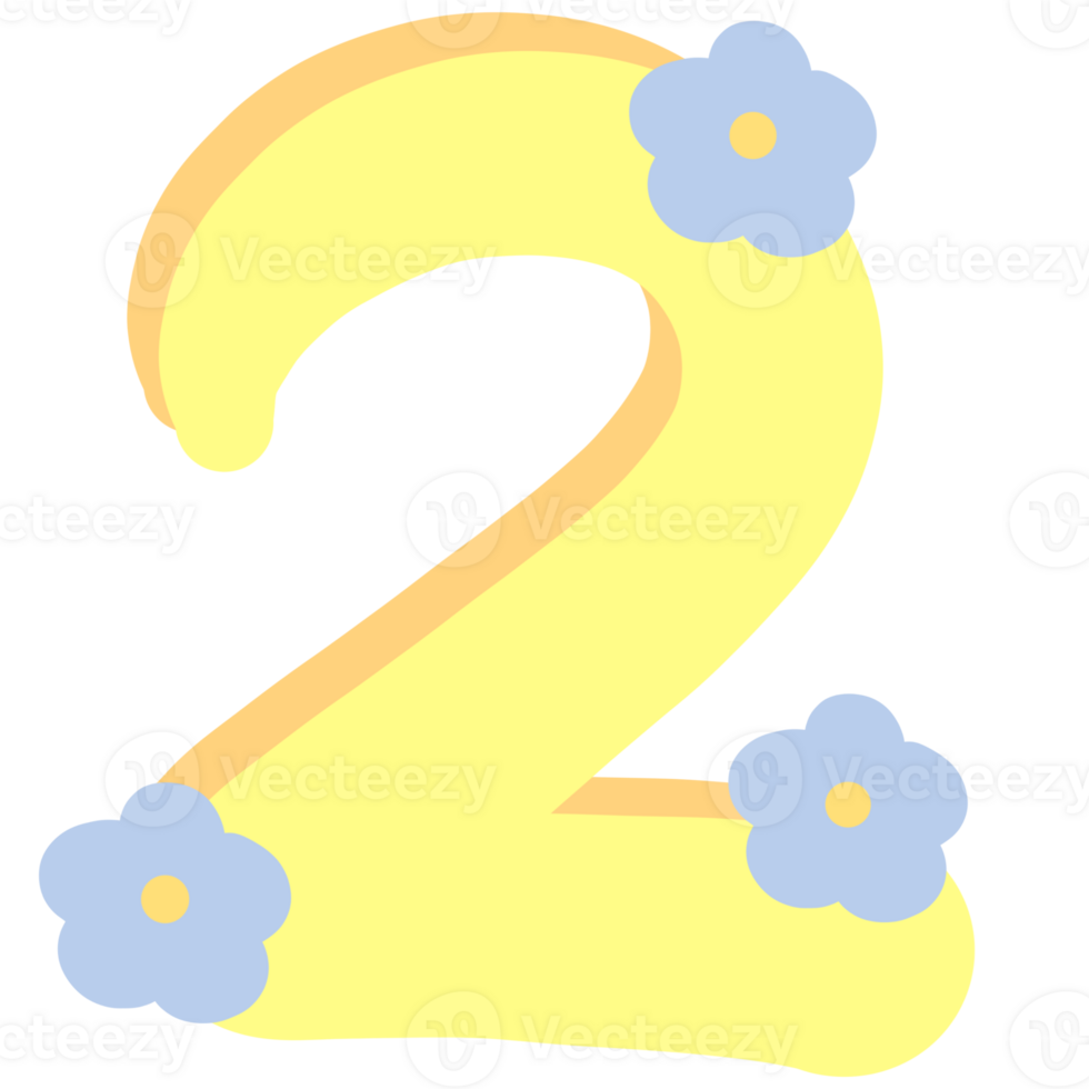 Yellow number 2 with flowers isolated on transparent background png