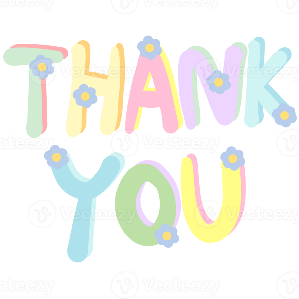 Colorful word THANK YOU decorated with flowers isolated on transparent background png