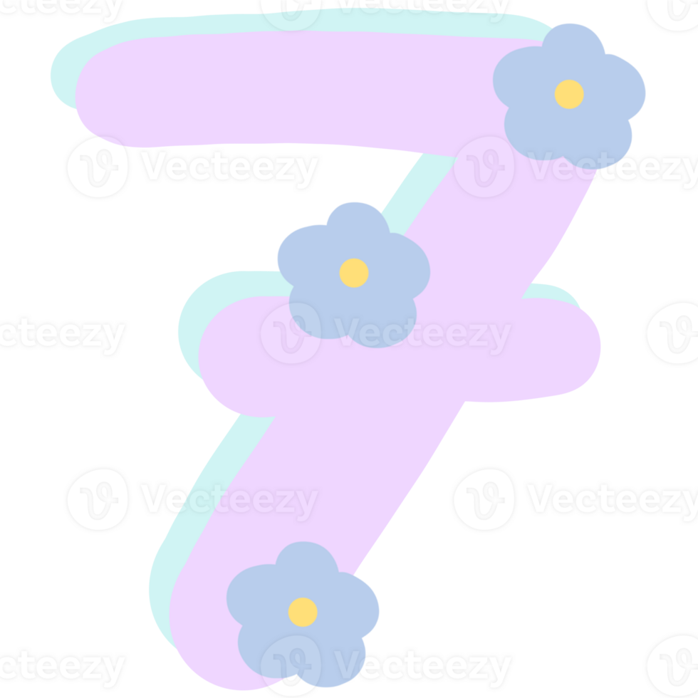 Purple number 7 with flowers isolated on transparent background png