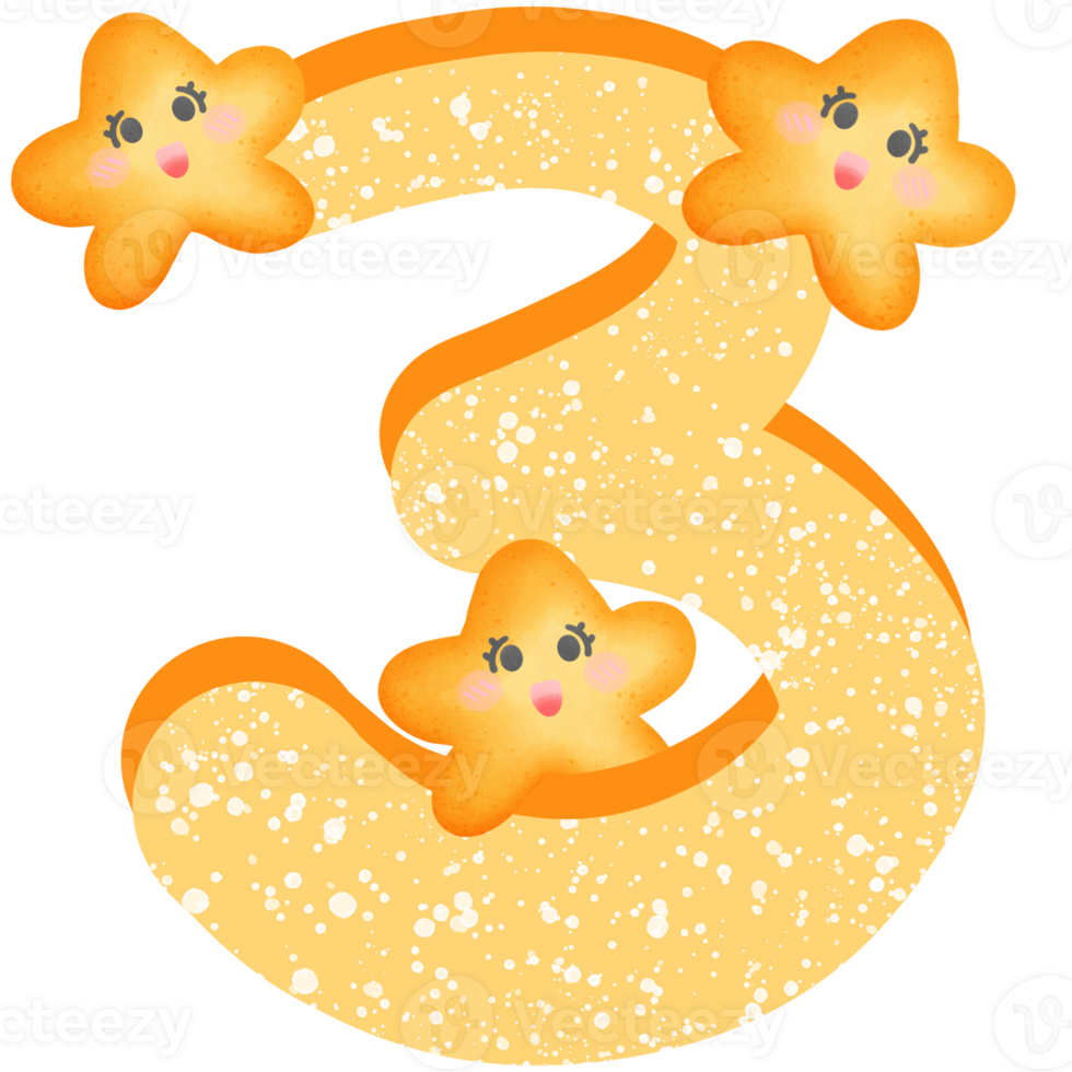 Yellow number 3 with yellow smile stars isolated on transparent background png