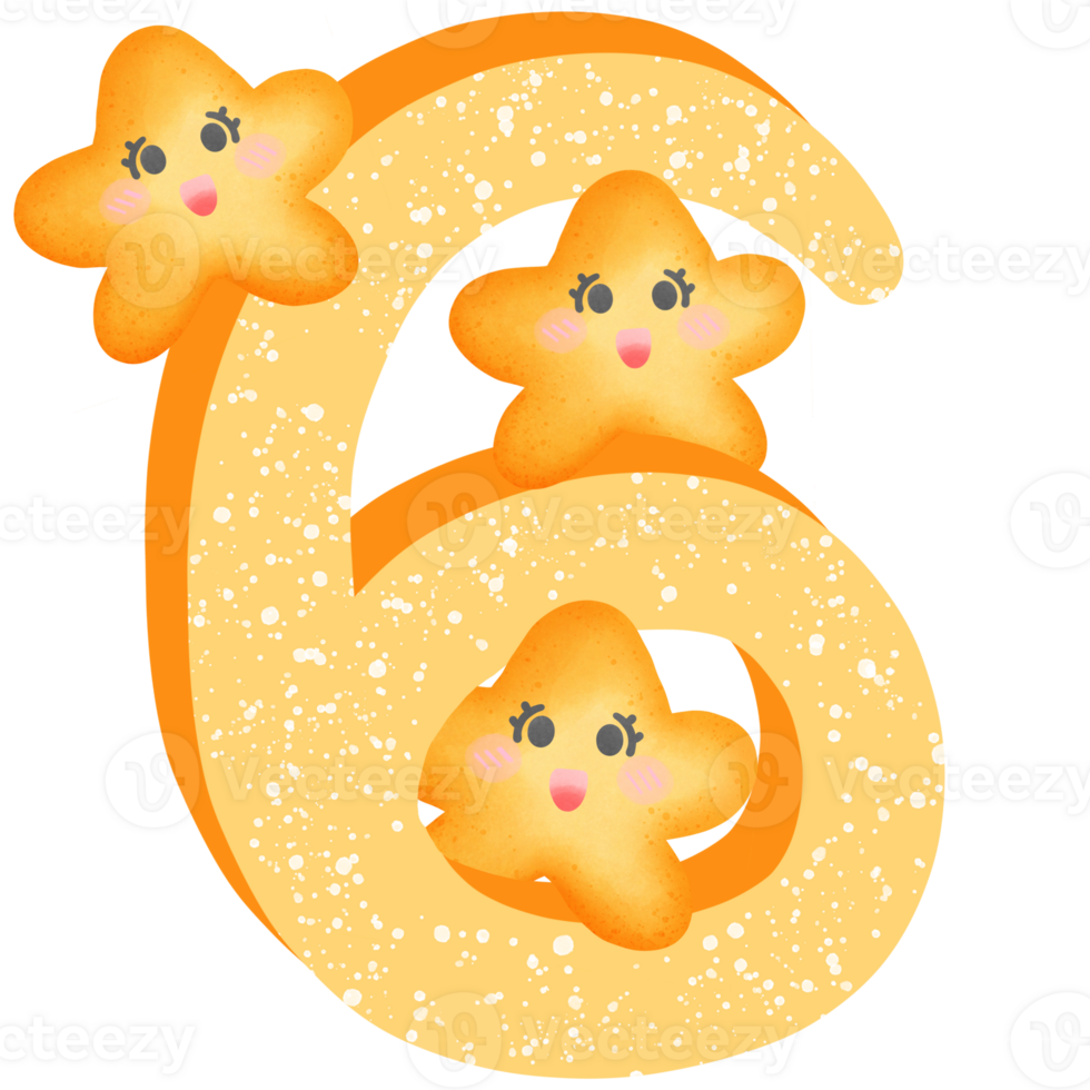 Yellow number 6 with yellow smile stars isolated on transparent background png