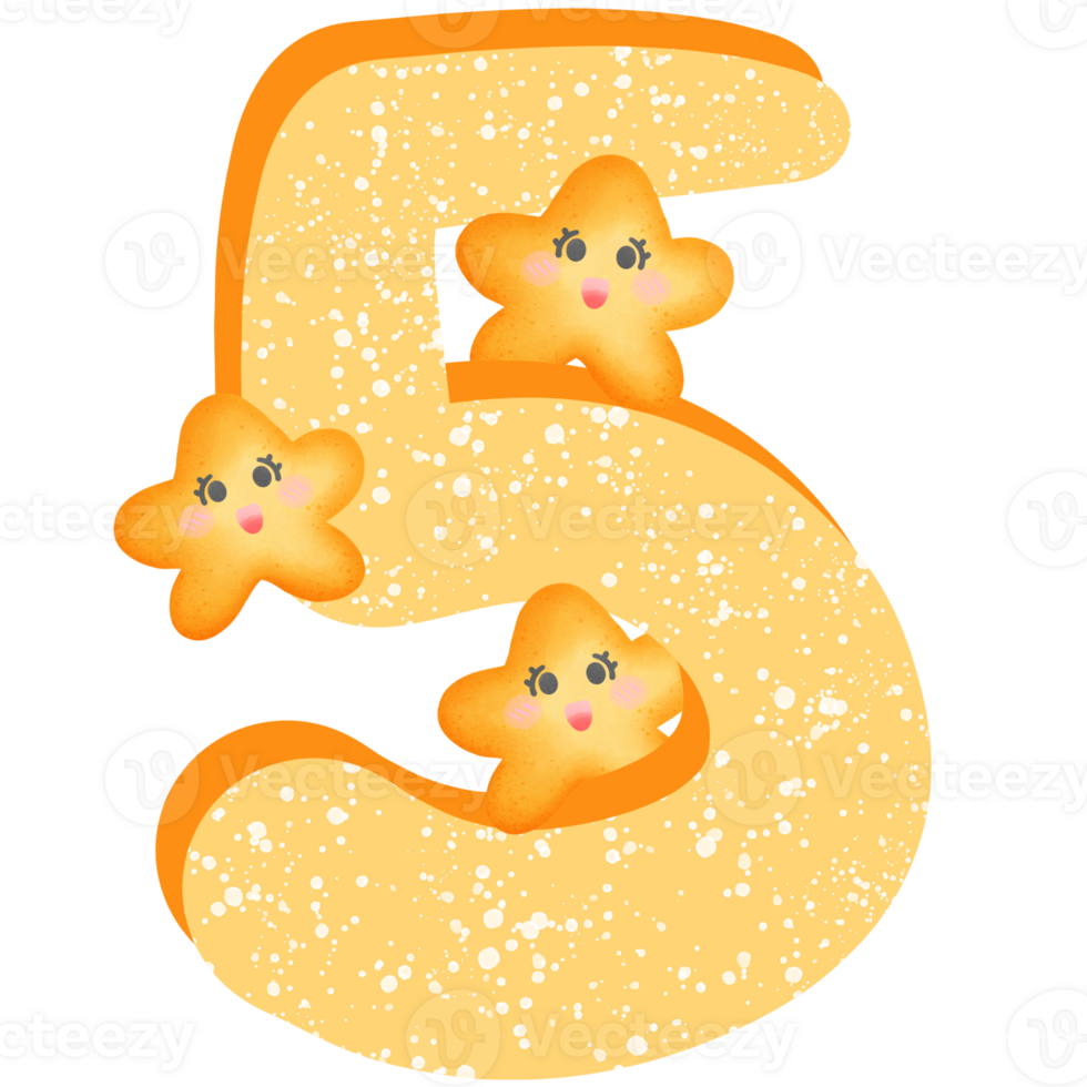 Yellow number 5 with yellow smile stars isolated on transparent