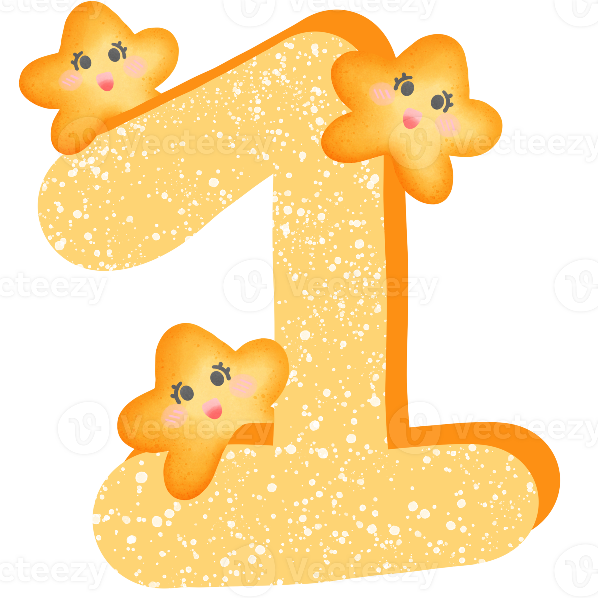 Yellow number 1 with yellow smile stars isolated on transparent