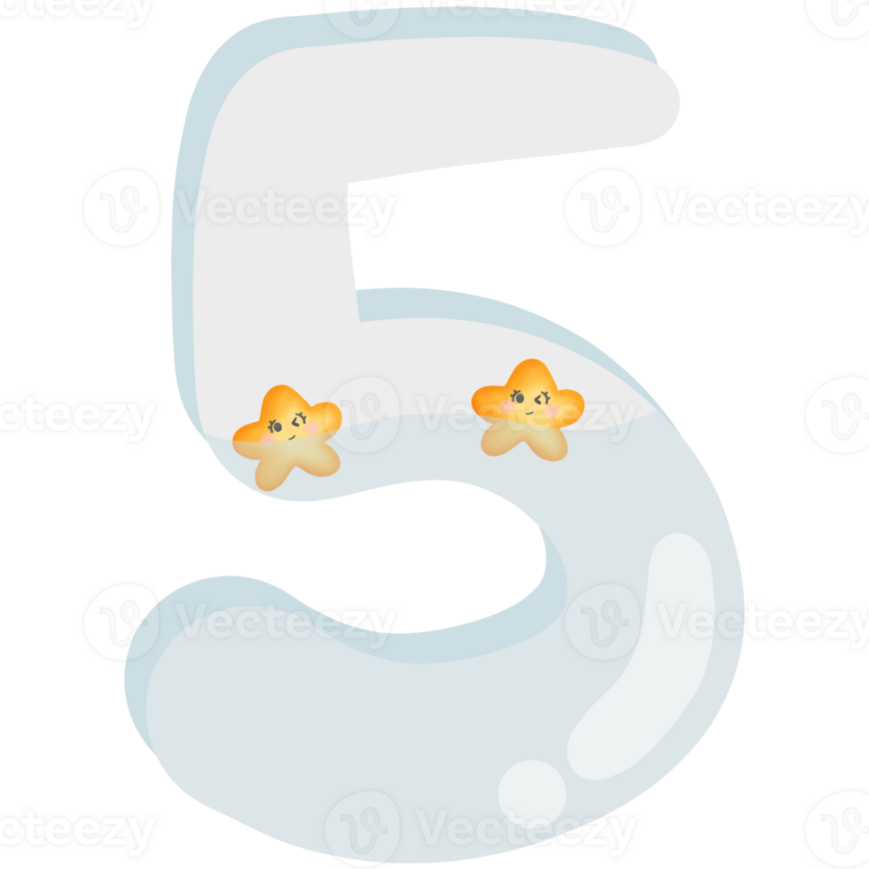 The number 5 has a star emoticon floating in the water isolated on transparent background png