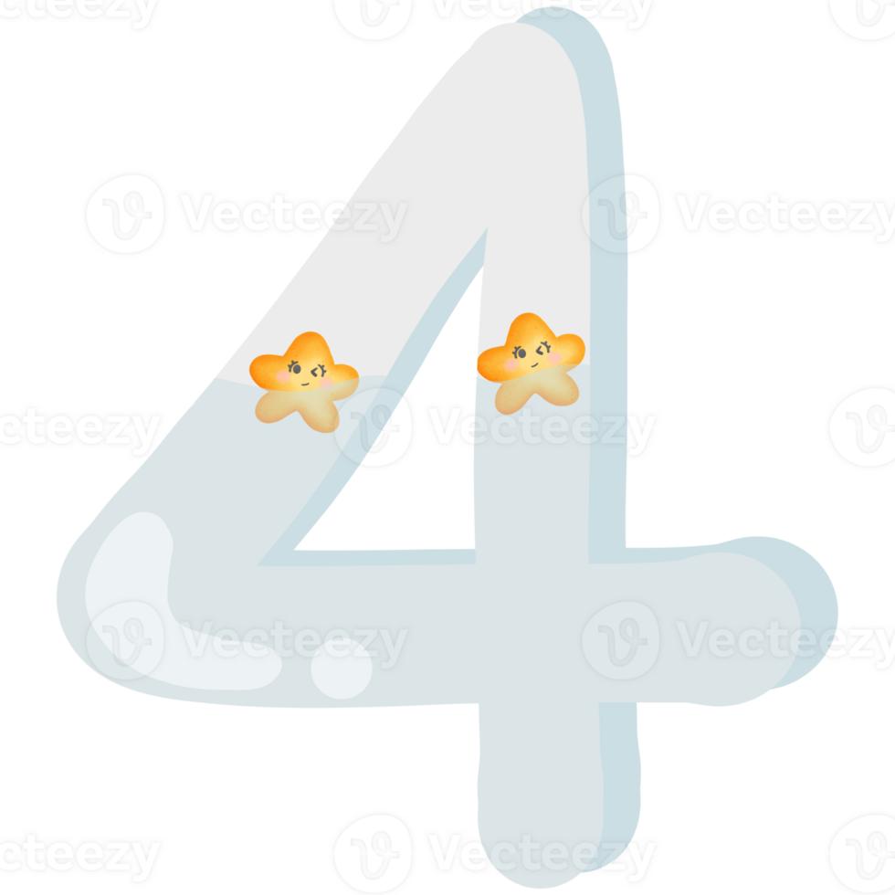 The number 4 has a star emoticon floating in the water isolated on transparent background png