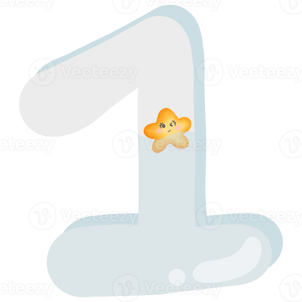 The number 1 has a star emoticon floating in the water isolated on transparent background png