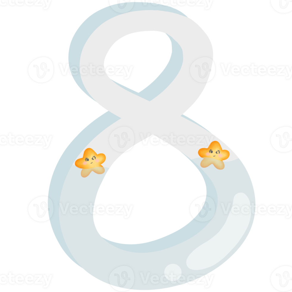 The number 8 has a star emoticon floating in the water isolated on transparent background png