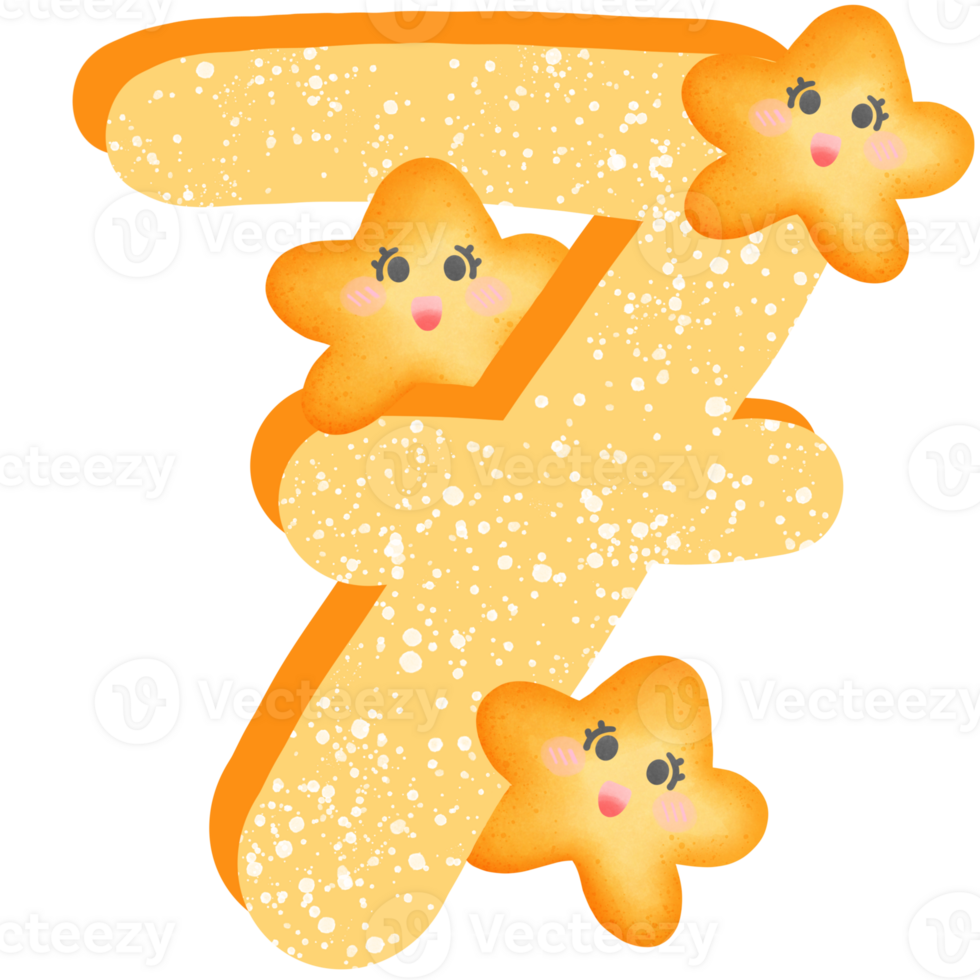 Yellow number 7 with yellow smile stars isolated on transparent background png