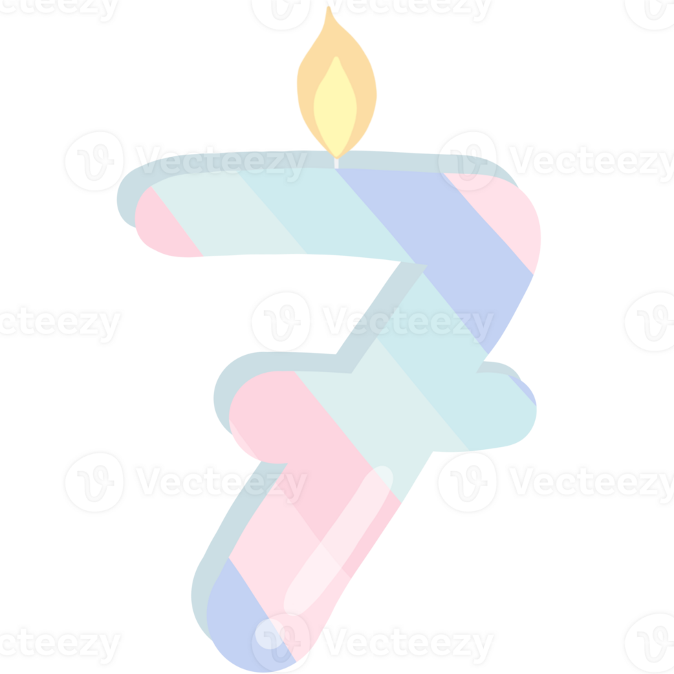 Number 7 birthday candle in pastel colors isolated on transparent background png