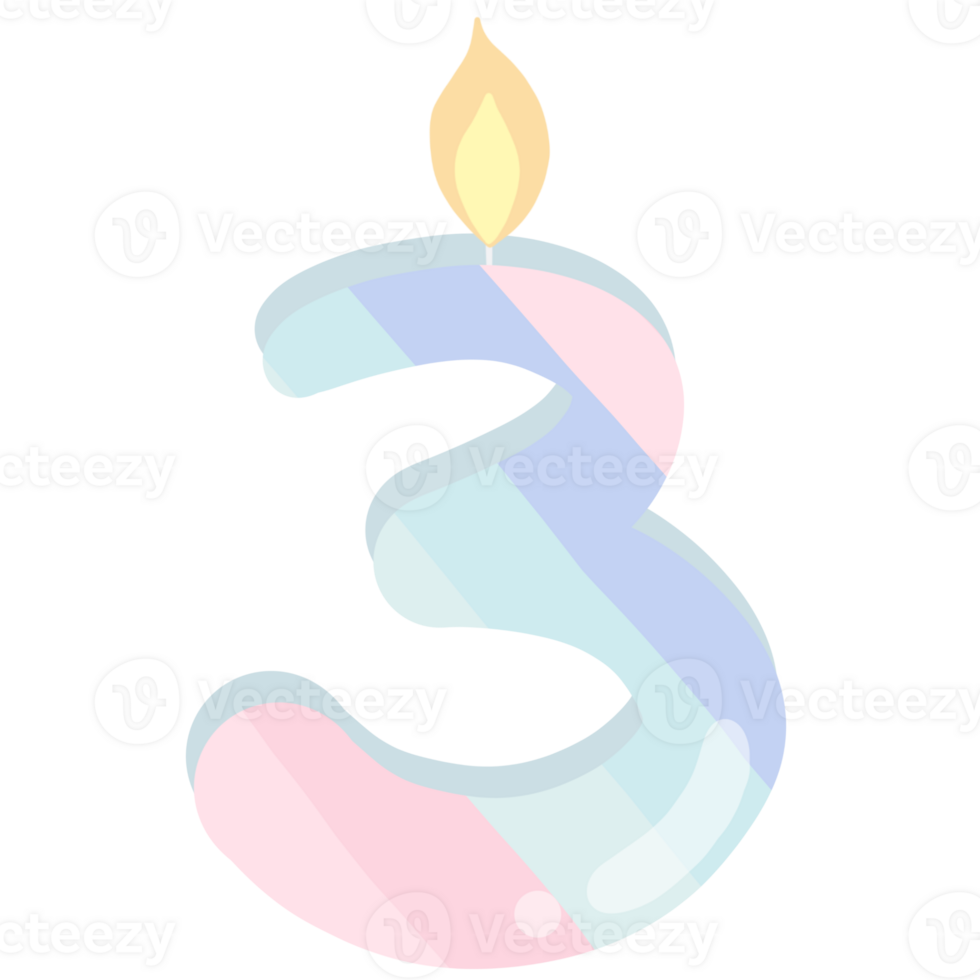 Number 3 birthday candle in pastel colors isolated on transparent background png