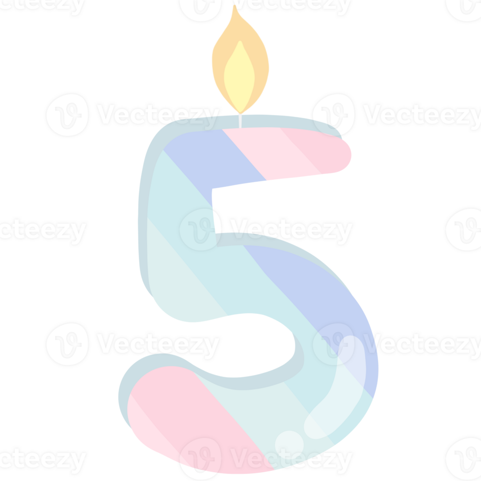 Number 5 birthday candle in pastel colors isolated on transparent background png
