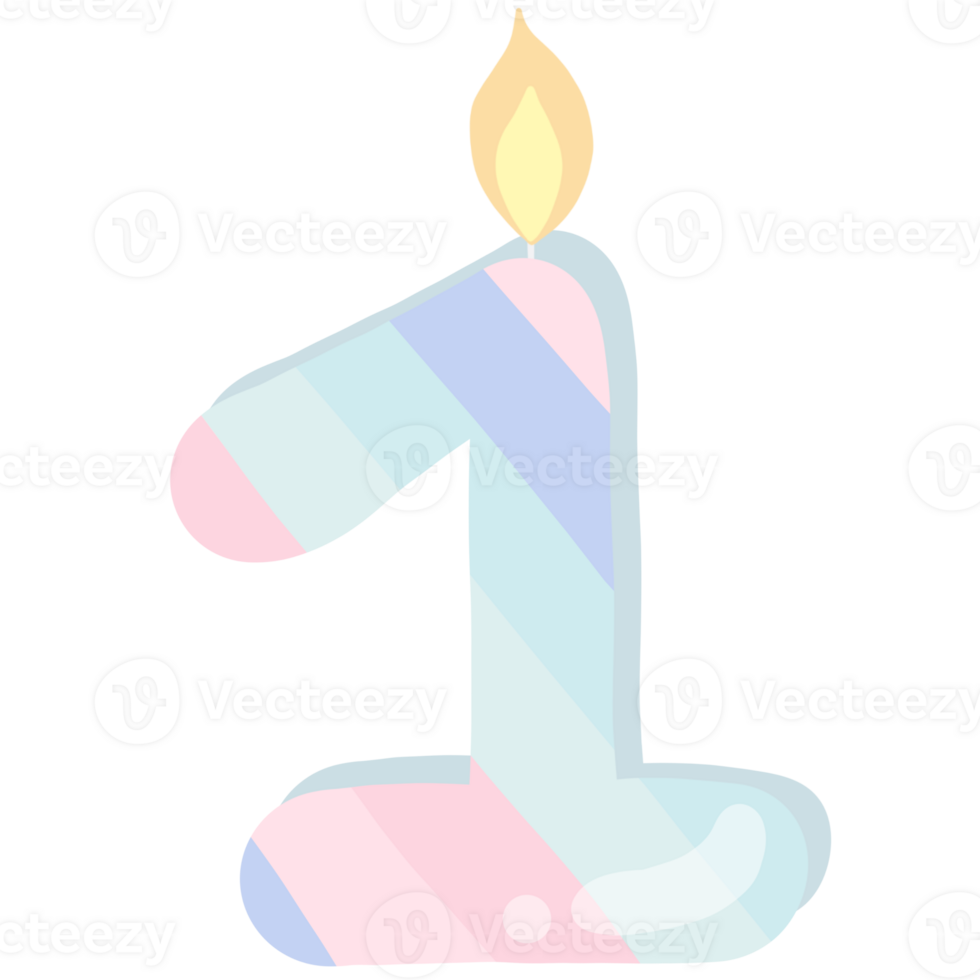 Number 1 birthday candle in pastel colors isolated on transparent