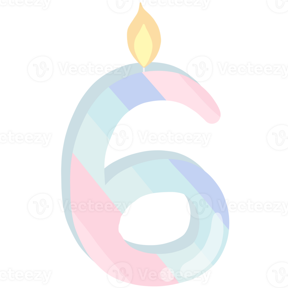 Number 6 birthday candle in pastel colors isolated on transparent background png