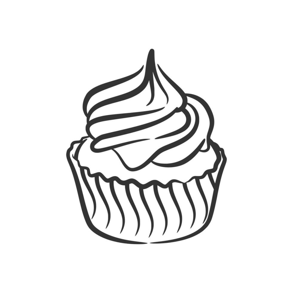 Cupcake line art hand drawn style doodle drawing black and white vector