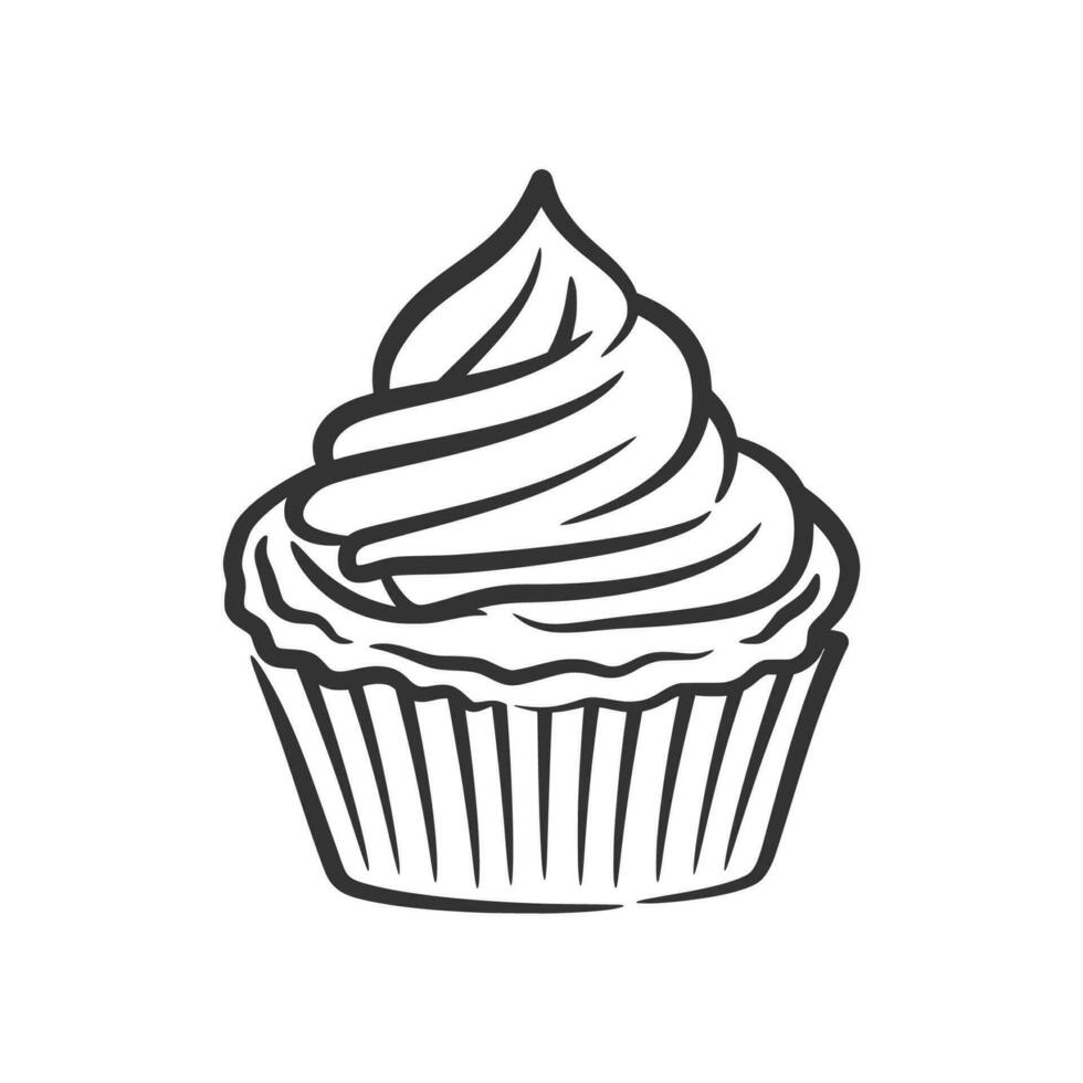 Cupcake line art hand drawn style doodle drawing black and white vector