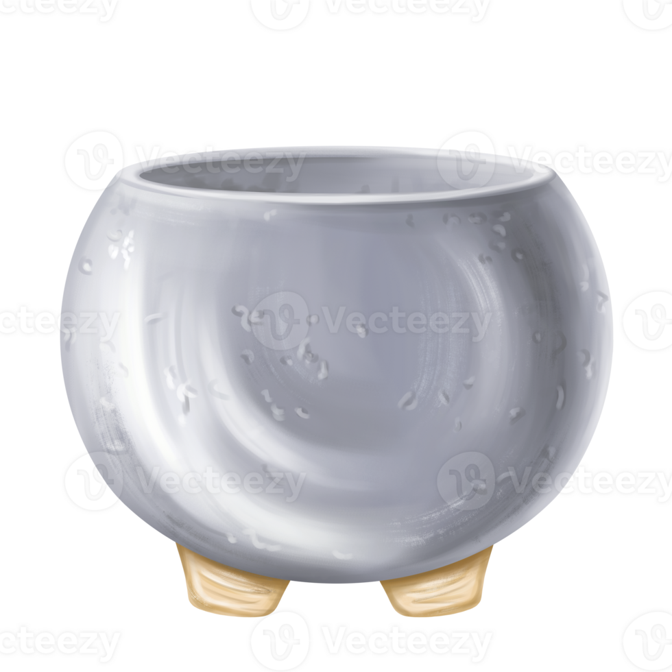 Garden pot of gray concrete on wooden legs in watercolor style. Tools for garden, home decor, flower vase, designer tableware. Illustration on transparent background. Cultivation of greenery and plant png