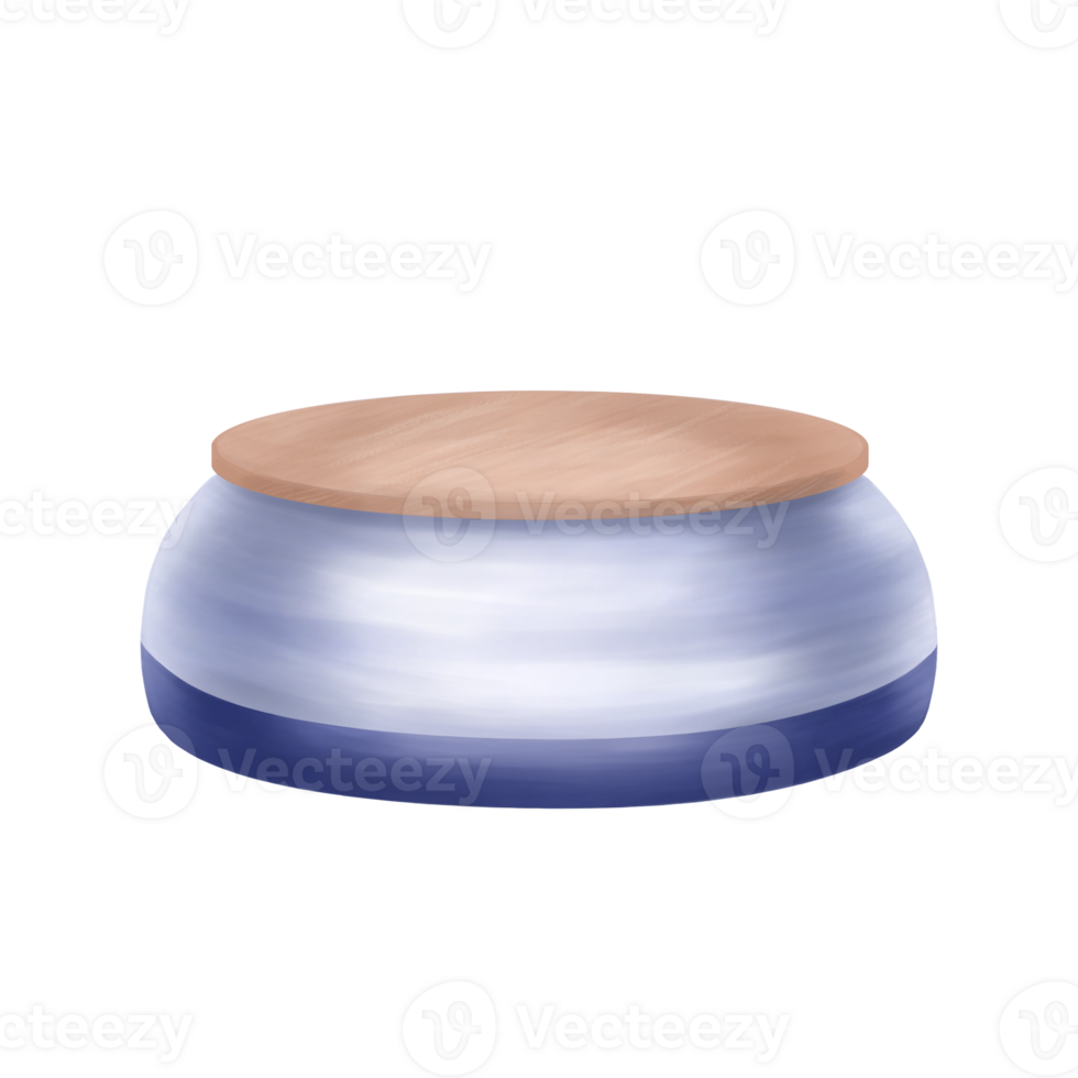 A blue round box with a lid and a pedestal made of light wood. Digital illustration. A podium for a dancer, a model, a box for storing valuable items png