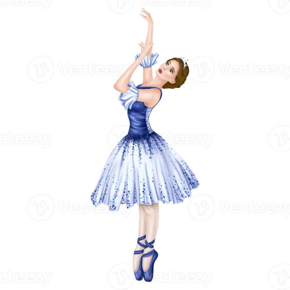 Dancing prima ballerina in elegant blue tutu and pointe shoes. A girl in a flexible pose on her toes. A performance in the theater, a rehearsal in a dance class. Isolated digital illustration. png