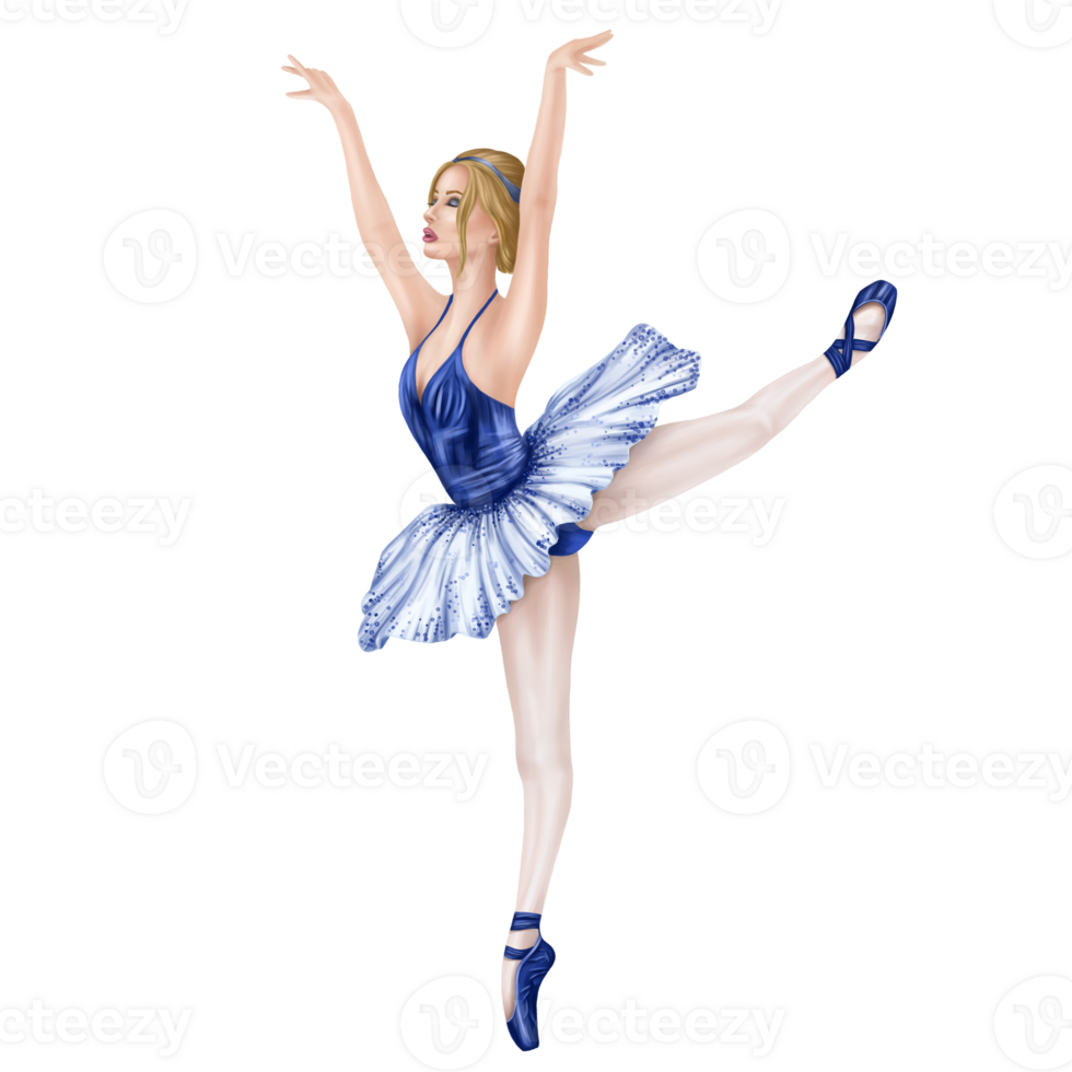 Dancing prima ballerina in elegant blue tutu and pointe shoes. A girl in a flexible pose on her toes. A performance in the theater, a rehearsal in a dance class. Isolated digital illustration. png