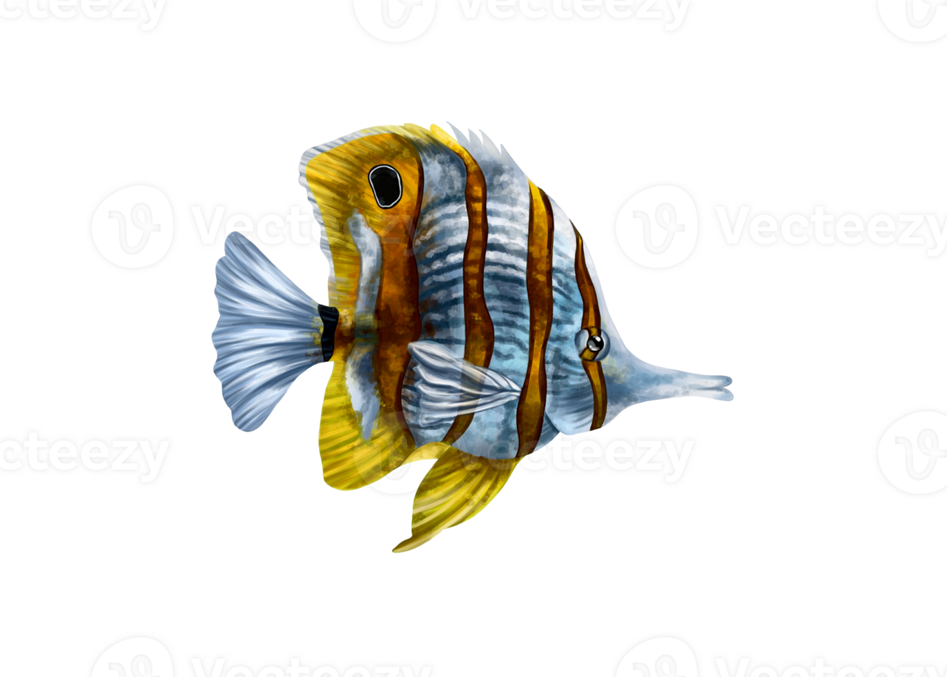 Yellow and white striped butterfly fish. An exotic underwater animal. Holidays in the tropics, travel, underwater world. For postcards, souvenirs, prints. Isolated illustration png