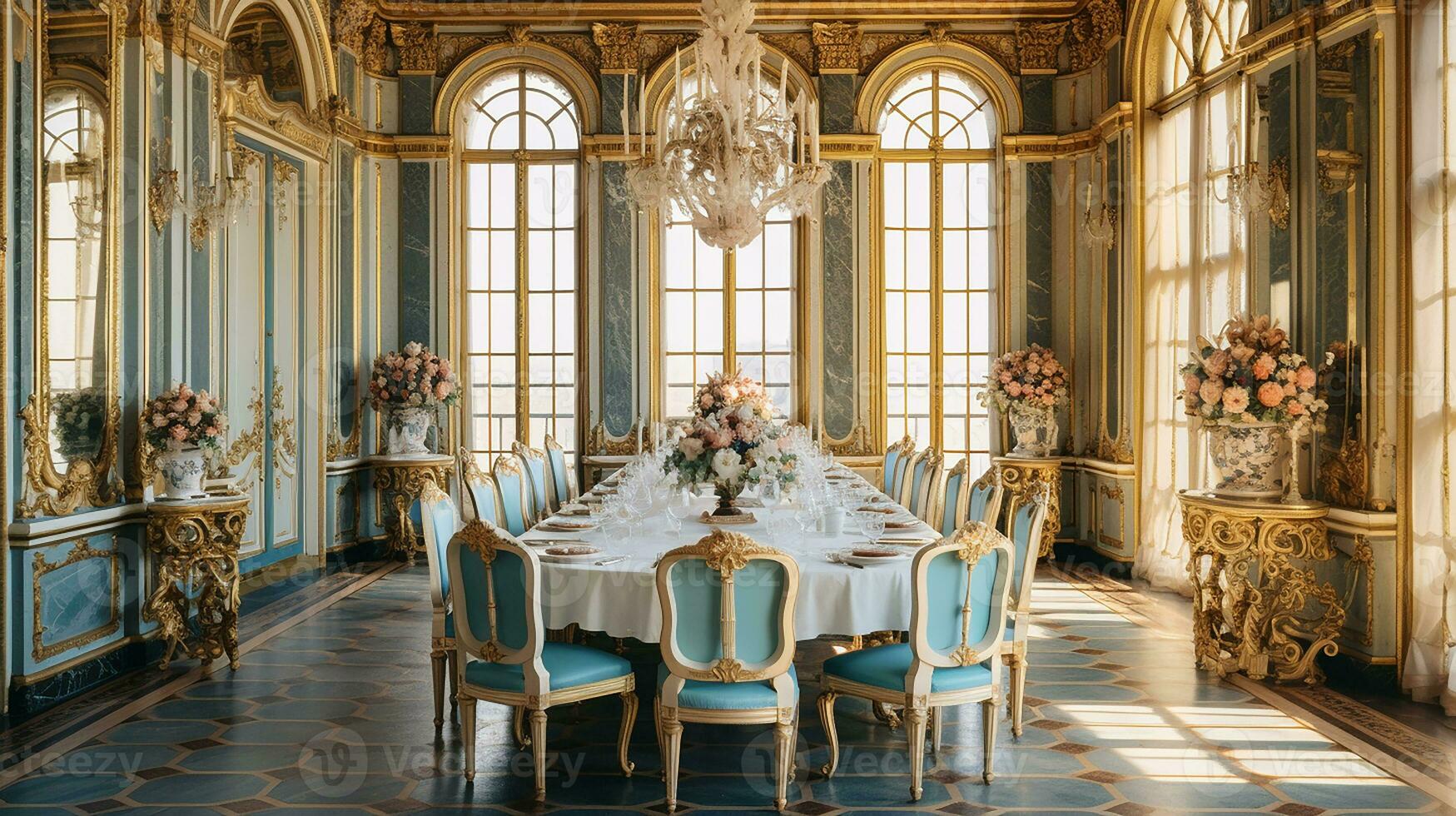 Photo of the dining room at the Palace of Versaille, France. Generative AI