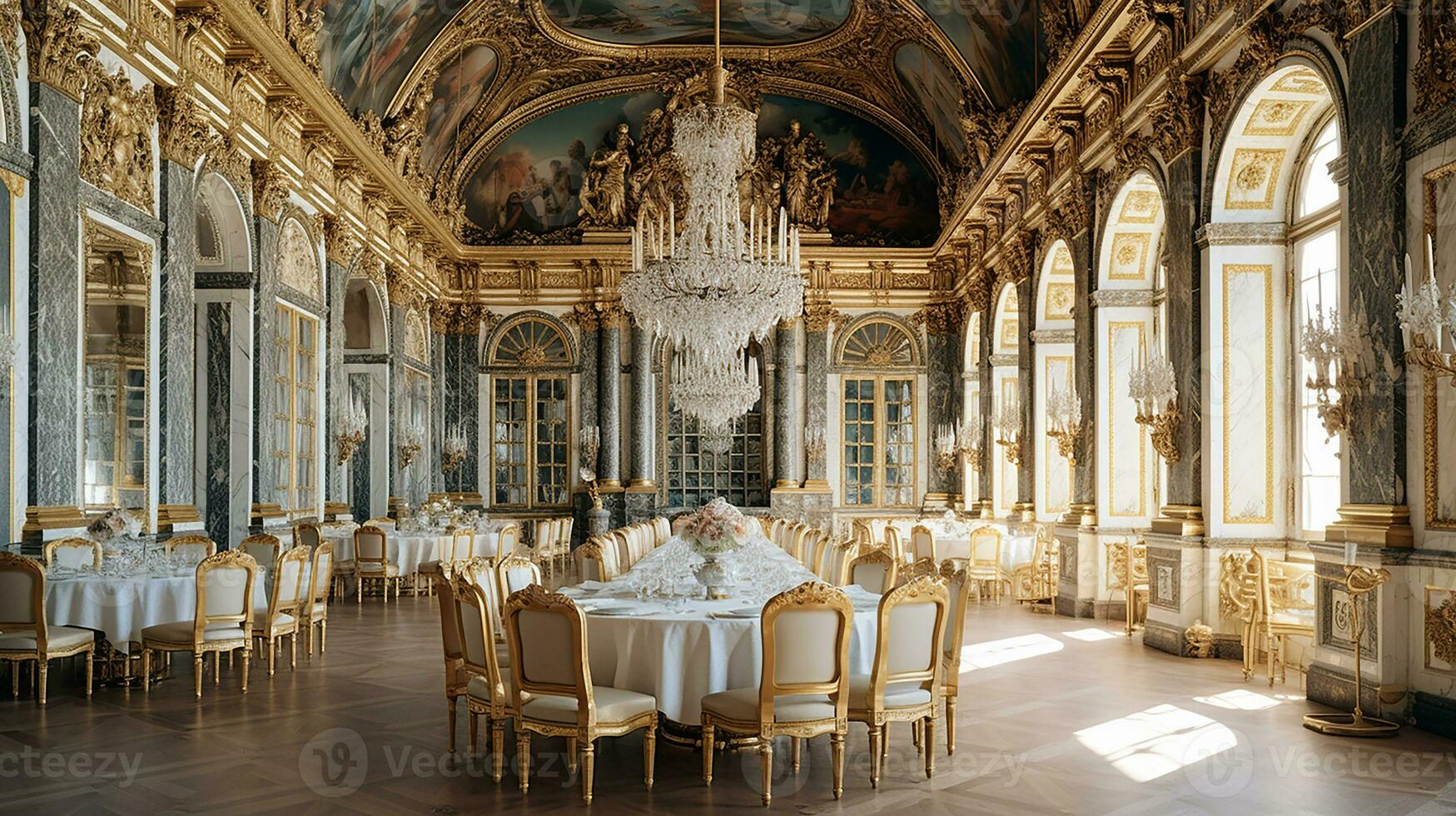 Photo of the dining room at the Palace of Versaille, France. Generative AI