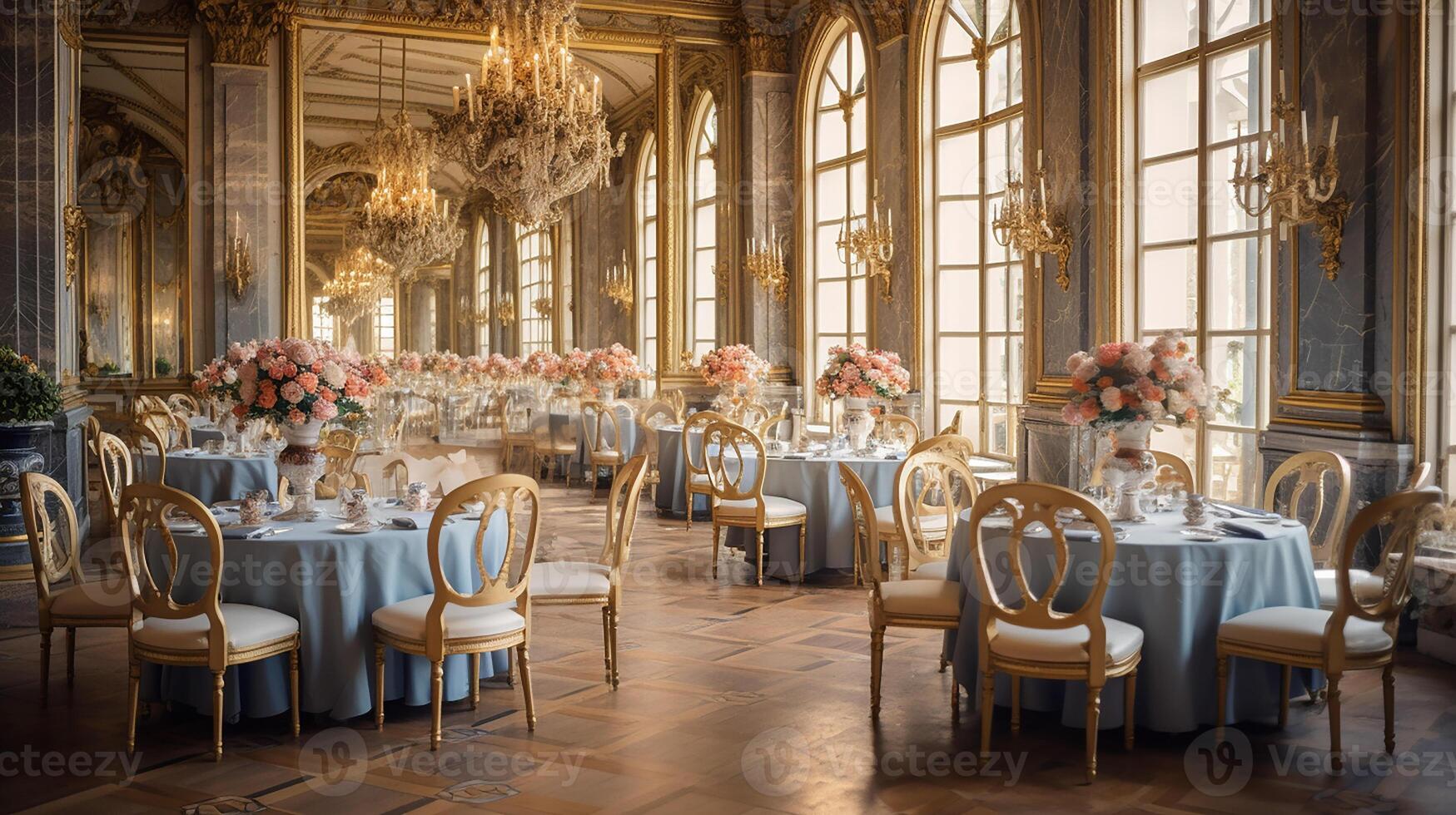 Photo of the dining room at the Palace of Versaille, France. Generative AI