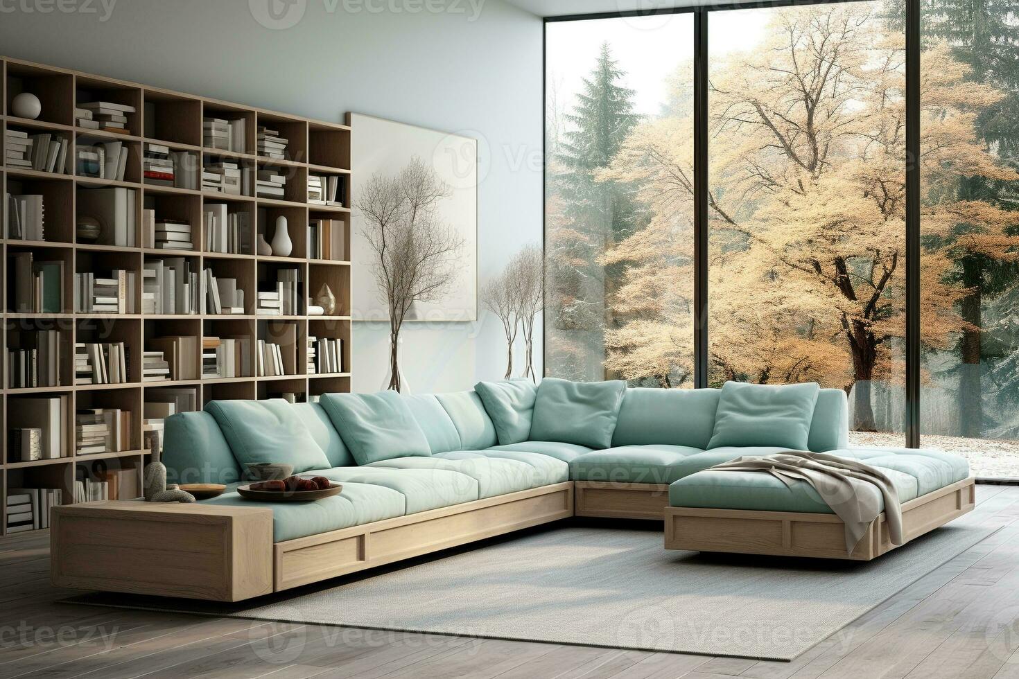 Modern living room interior with aqua sofa and bookshelf .Generative AI photo