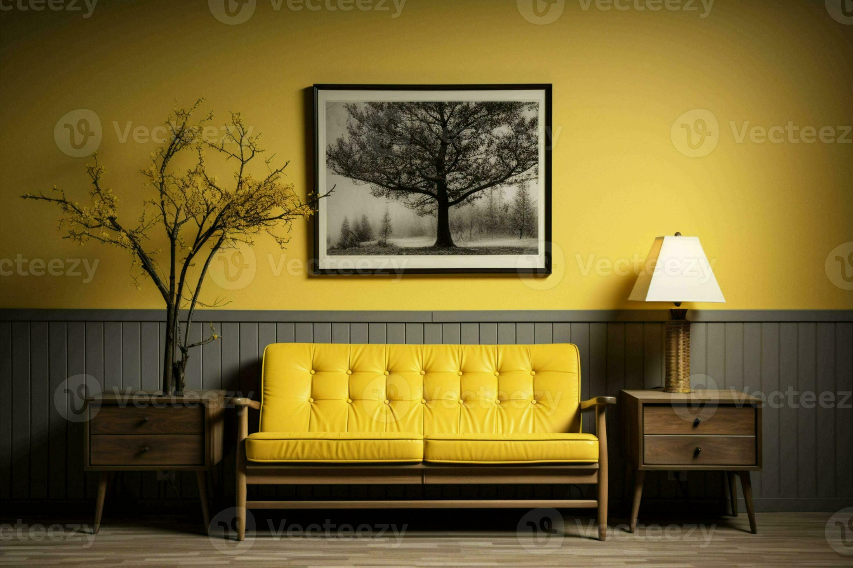 Scene of modern interior design yellow wooden bench,table lamp,frame on